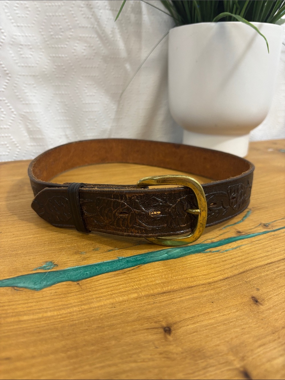 DON HUME vintage tooled belt size 28 brown. Solid brass